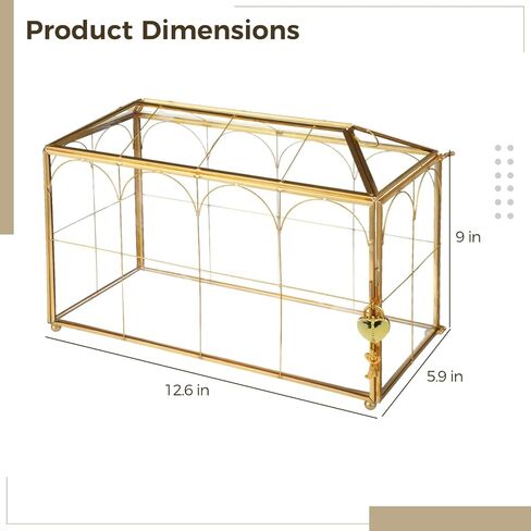 Glass Wedding Card Box with Gold Metal Frame, Envelope Card Reception Box with Heart Lock, Transparent Glass, 12.6 x 5.9 x 9 in in Saudi Arabia