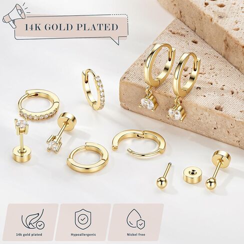 Turandoss الذهب هوب الأقراط للنساء العصرية، هيبوالرجينيك 14K الذهب مطلي حلق Huggies مجموعة لذيذ الغضروف القرط مداخن لعدة ثقب المجوهرات هوب الأقراط للنساء in Saudi Arabia