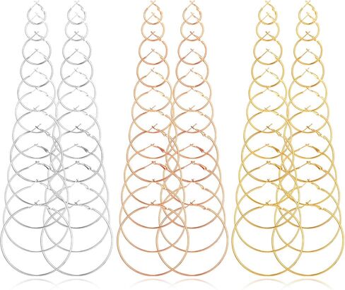 36 Pairs Silver Rose Gold Hoop Earrings for Women Stainless Steel Big Medium Small Loop Earrings Set Pack Classic Circle Round Eardrops Set(Gold, Silver, Rose Gold) in Saudi Arabia