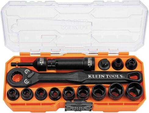 Klein Tools 65500KNECT KNECT Complete Impact Pass Through and Flip Socket Set, 90-Tooth Ratchet, MODbox Case, SAE, Metric, Screwdriver Handle, Bits, 39-Piece in Kuwait