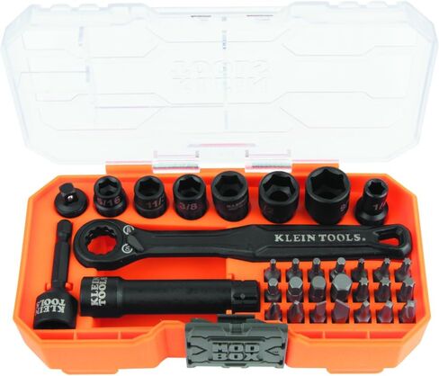 Klein Tools 65500KNECT KNECT Complete Impact Pass Through and Flip Socket Set, 90-Tooth Ratchet, MODbox Case, SAE, Metric, Screwdriver Handle, Bits, 39-Piece in Kuwait