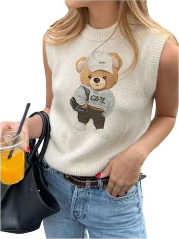 GORGLITTER Women's Bear Graphic Sleeveless Sweater Vest Crew Neck Cute Pullover Tank Top in Saudi Arabia