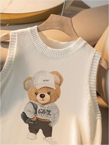 GORGLITTER Women's Bear Graphic Sleeveless Sweater Vest Crew Neck Cute Pullover Tank Top in Saudi Arabia