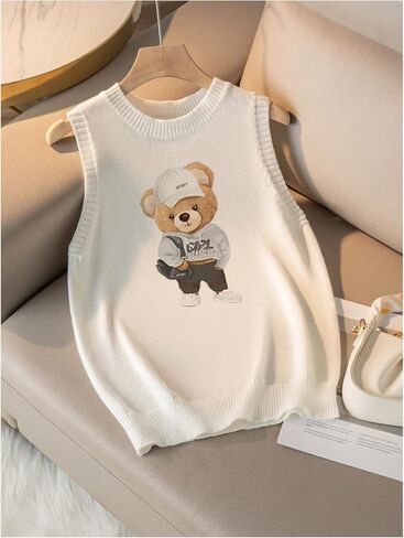 GORGLITTER Women's Bear Graphic Sleeveless Sweater Vest Crew Neck Cute Pullover Tank Top in Saudi Arabia