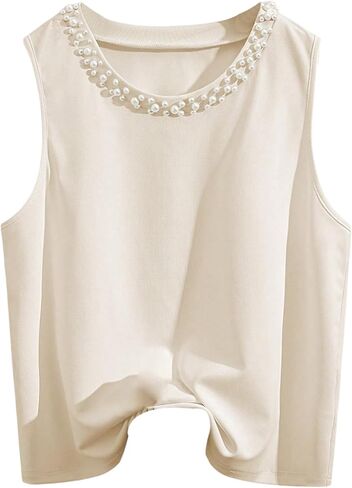 GORGLITTER Women's Pearl Embellished Tank Top Cropped Crewneck Sleeveless Loose Causal Coquette Shirts in Saudi Arabia