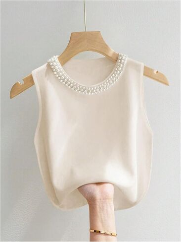 GORGLITTER Women's Pearl Embellished Tank Top Cropped Crewneck Sleeveless Loose Causal Coquette Shirts in Saudi Arabia