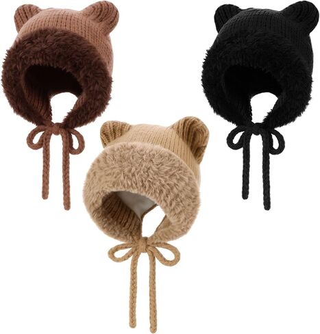 3 Pack Fuzzy Beanie Cat Ears Hat Fluffy Warm Hat Faux Fur Y2k Furry Cat Ear Plush Slouchy Beanie for Winter in Saudi Arabia