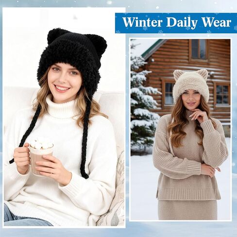 3 Pack Fuzzy Beanie Cat Ears Hat Fluffy Warm Hat Faux Fur Y2k Furry Cat Ear Plush Slouchy Beanie for Winter in Saudi Arabia