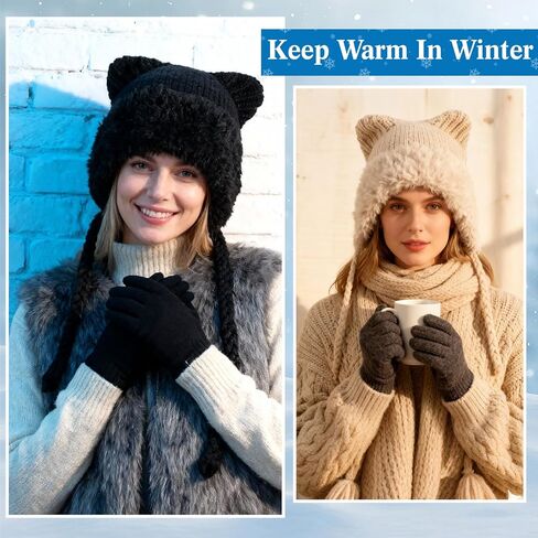 3 Pack Fuzzy Beanie Cat Ears Hat Fluffy Warm Hat Faux Fur Y2k Furry Cat Ear Plush Slouchy Beanie for Winter in Saudi Arabia