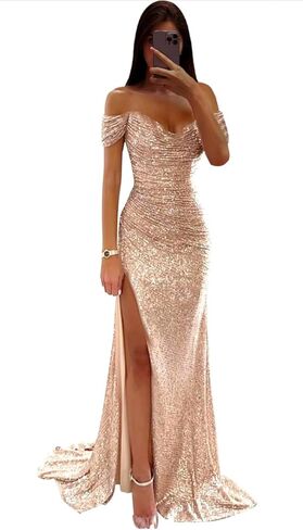 Off Shoulder Simple Prom Dress with Slit Mermaid Long Ball Gown Sweetheart Neck Sparkly Sequin Party Dress 12 Champagne in Saudi Arabia