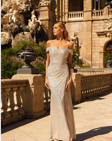 Off Shoulder Simple Prom Dress with Slit Mermaid Long Ball Gown Sweetheart Neck Sparkly Sequin Party Dress 12 Champagne in Saudi Arabia