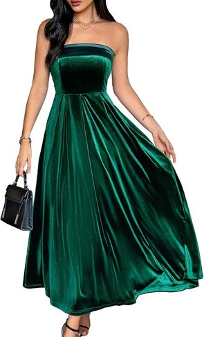 ECDAHICC Womens Tube Sleeveless Velvet Cocktail Dresses High Waist Party Maxi Wedding Guest Ruched A Line Dress in Saudi Arabia
