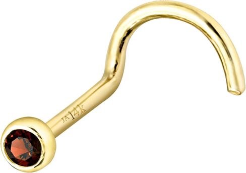 Solid 14K Gold Nose Screw Stud Bezel Set Garnet 22G Cork-screw Nose Stud - 14K White Gold / 14K Yellow Gold January Birthstone Nose Ring Stud in Saudi Arabia
