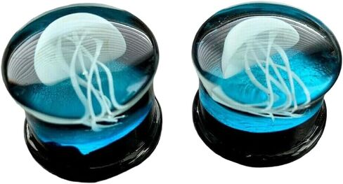 PAIR Jellyfish Design Glass with Blue Back Ground Double Flare Plugs Jelly Fish Gauges - Body Jewelry in Saudi Arabia