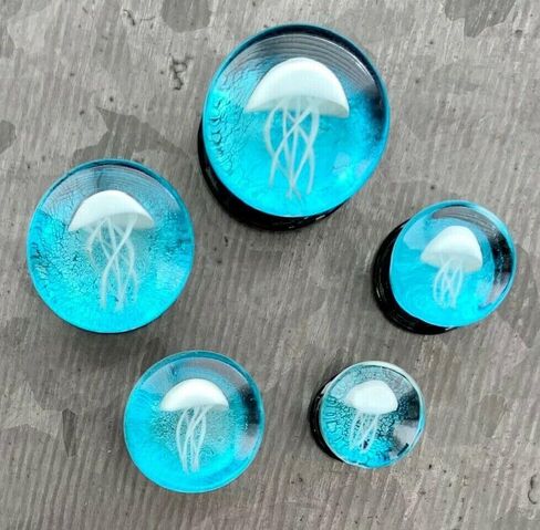 PAIR Jellyfish Design Glass with Blue Back Ground Double Flare Plugs Jelly Fish Gauges - Body Jewelry in Saudi Arabia