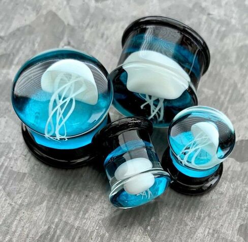 PAIR Jellyfish Design Glass with Blue Back Ground Double Flare Plugs Jelly Fish Gauges - Body Jewelry in Saudi Arabia