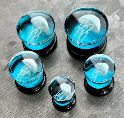 PAIR Jellyfish Design Glass with Blue Back Ground Double Flare Plugs Jelly Fish Gauges - Body Jewelry in Saudi Arabia