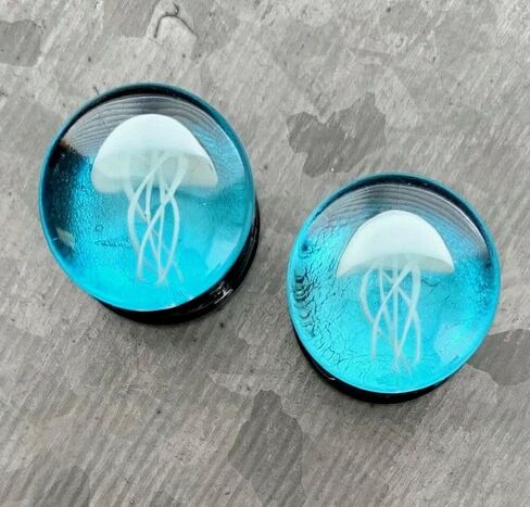 PAIR Jellyfish Design Glass with Blue Back Ground Double Flare Plugs Jelly Fish Gauges - Body Jewelry in Saudi Arabia