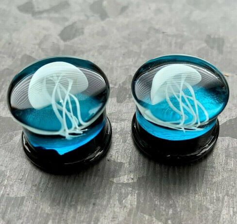 PAIR Jellyfish Design Glass with Blue Back Ground Double Flare Plugs Jelly Fish Gauges - Body Jewelry in Saudi Arabia
