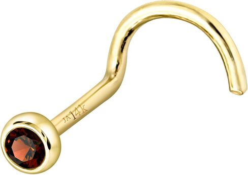 Solid 14K Gold Nose Screw Stud Bezel Set Garnet 22G Cork-screw Nose Stud - 14K White Gold / 14K Yellow Gold January Birthstone Nose Ring Stud in Saudi Arabia