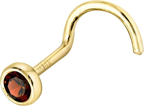Solid 14K Gold Nose Screw Stud Bezel Set Garnet 22G Cork-screw Nose Stud - 14K White Gold / 14K Yellow Gold January Birthstone Nose Ring Stud in Saudi Arabia