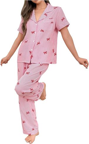 SHENHE Women's Bow Pajamas 2 Piece Short Sleeve Button Down Pjs Pants Set Striped Loungewear in Saudi Arabia