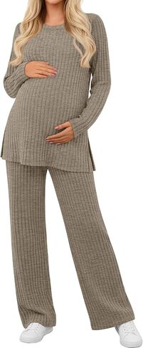 Women's Maternity Pajamas Sets 2 Piece Outfits Ribbed Long Sleeve Round Neck Tops Pants Pregnancy Loungewear in Saudi Arabia