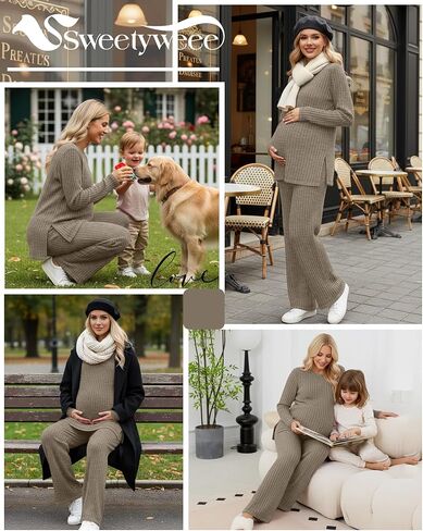 Women's Maternity Pajamas Sets 2 Piece Outfits Ribbed Long Sleeve Round Neck Tops Pants Pregnancy Loungewear in Saudi Arabia