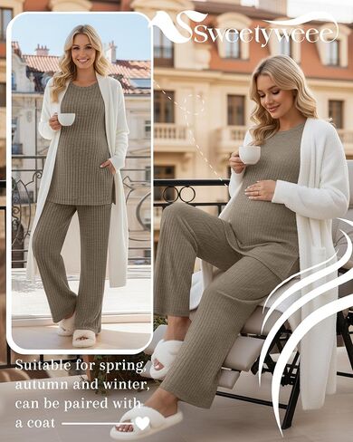 Women's Maternity Pajamas Sets 2 Piece Outfits Ribbed Long Sleeve Round Neck Tops Pants Pregnancy Loungewear in Saudi Arabia