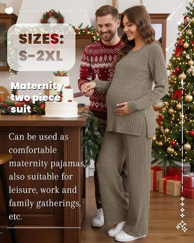 Women's Maternity Pajamas Sets 2 Piece Outfits Ribbed Long Sleeve Round Neck Tops Pants Pregnancy Loungewear in Saudi Arabia
