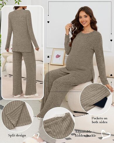Women's Maternity Pajamas Sets 2 Piece Outfits Ribbed Long Sleeve Round Neck Tops Pants Pregnancy Loungewear in Saudi Arabia