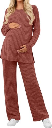 Women's Maternity Pajamas Sets 2 Piece Outfits Ribbed Long Sleeve Round Neck Tops Pants Pregnancy Loungewear in Saudi Arabia