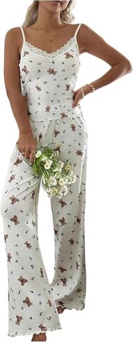 SOLY HUX Women's Lace Sleepwear 2 Piece Pajamas Cute Bow Print Cami Crop Top and Pants Lounge Set in Saudi Arabia