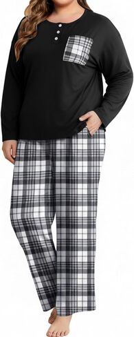 طقم بيجامة نسائي من FLYCURVY مكون من قطعتين ملابس نوم بأكمام طويلة طقم بيجامة ناعم ملابس نوم منقوشة بجيوب in Kuwait