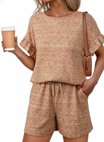 Dokotoo Womens Casual 2 Piece Waffle Knit Short Sets Drawstring Summer Two Piece Matching Lounge Set with Pockets in Saudi Arabia
