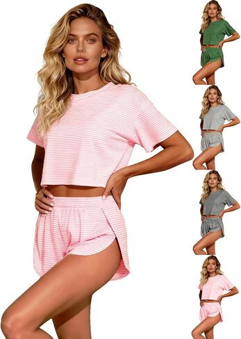 Split Short Pajama Set, Womens Striped Pajamas Set,Two Piece Set Striped Print Drop Shoulder Tee Wrap Split Shorts in Saudi Arabia
