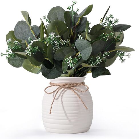 Artificial Eucalyptus in Vase, Fake plants for home decor, Ceramic White Vase with Greenery, Faux Decorative Plants, 20pcs Indoor Fake Eucalyptus Stems for Centerpiece Farmhouse Mantle Decor in Saudi Arabia