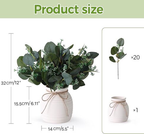 Artificial Eucalyptus in Vase, Fake plants for home decor, Ceramic White Vase with Greenery, Faux Decorative Plants, 20pcs Indoor Fake Eucalyptus Stems for Centerpiece Farmhouse Mantle Decor in Saudi Arabia