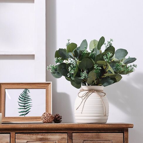 Artificial Eucalyptus in Vase, Fake plants for home decor, Ceramic White Vase with Greenery, Faux Decorative Plants, 20pcs Indoor Fake Eucalyptus Stems for Centerpiece Farmhouse Mantle Decor in Saudi Arabia