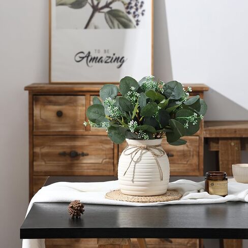 Artificial Eucalyptus in Vase, Fake plants for home decor, Ceramic White Vase with Greenery, Faux Decorative Plants, 20pcs Indoor Fake Eucalyptus Stems for Centerpiece Farmhouse Mantle Decor in Saudi Arabia
