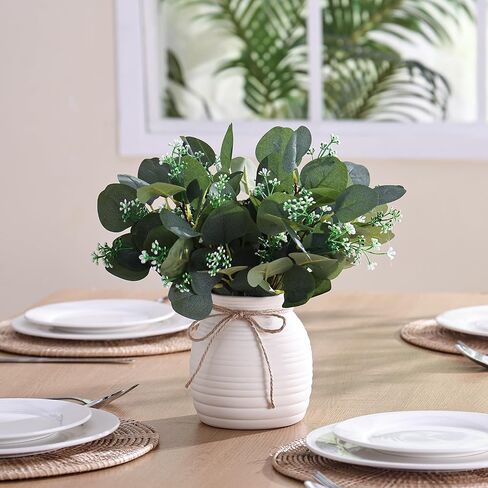 Artificial Eucalyptus in Vase, Fake plants for home decor, Ceramic White Vase with Greenery, Faux Decorative Plants, 20pcs Indoor Fake Eucalyptus Stems for Centerpiece Farmhouse Mantle Decor in Saudi Arabia