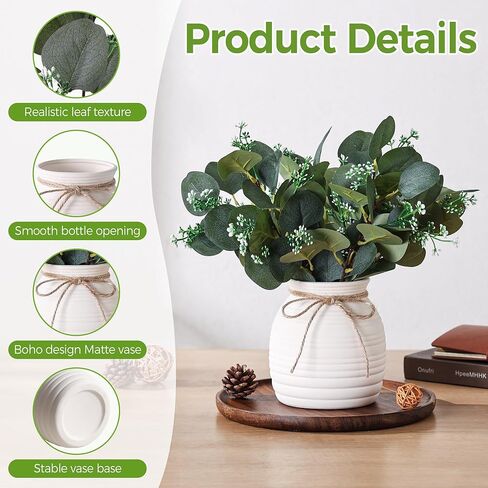 Artificial Eucalyptus in Vase, Fake plants for home decor, Ceramic White Vase with Greenery, Faux Decorative Plants, 20pcs Indoor Fake Eucalyptus Stems for Centerpiece Farmhouse Mantle Decor in Saudi Arabia