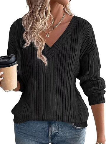 Flamingals Women's Long Sleeve V Neck Pullover Shirts Tops Business Casual Lightweight Ribbed Knit Pullover Tunic Tops Fall in Kuwait