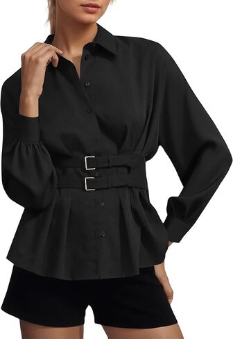 MISSACTIVER Women Button Down Pleated Shirts Long Sleeve Stand Collar Loose Fit Buckle Peplum Blouse Tunic Tops in Saudi Arabia
