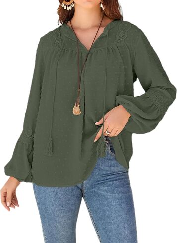 قمصان KI LAPHEE طويلة الأكمام للنساء بلوزات بوهو - بلوزة منقط سويسري، تونيك من الدانتيل والشيفون الانسيابي in Kuwait