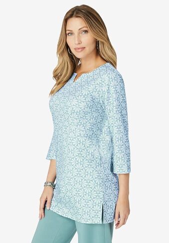 Roaman's Women's Plus Size Three-Quarter Sleeve Notch Neck Soft Knit Tunic in Saudi Arabia
