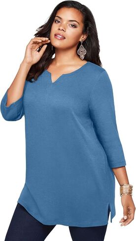 Roaman's Women's Plus Size Three-Quarter Sleeve Notch Neck Soft Knit Tunic in Saudi Arabia