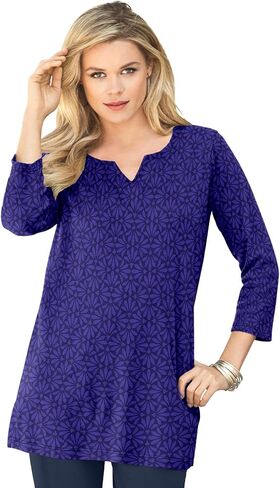 Roaman's Women's Plus Size Three-Quarter Sleeve Notch Neck Soft Knit Tunic in Saudi Arabia