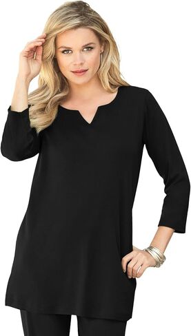 Roaman's Women's Plus Size Three-Quarter Sleeve Notch Neck Soft Knit Tunic in Saudi Arabia