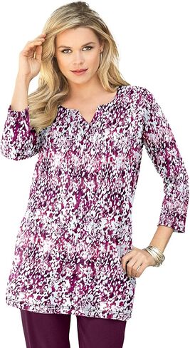 Roaman's Women's Plus Size Three-Quarter Sleeve Notch Neck Soft Knit Tunic in Saudi Arabia